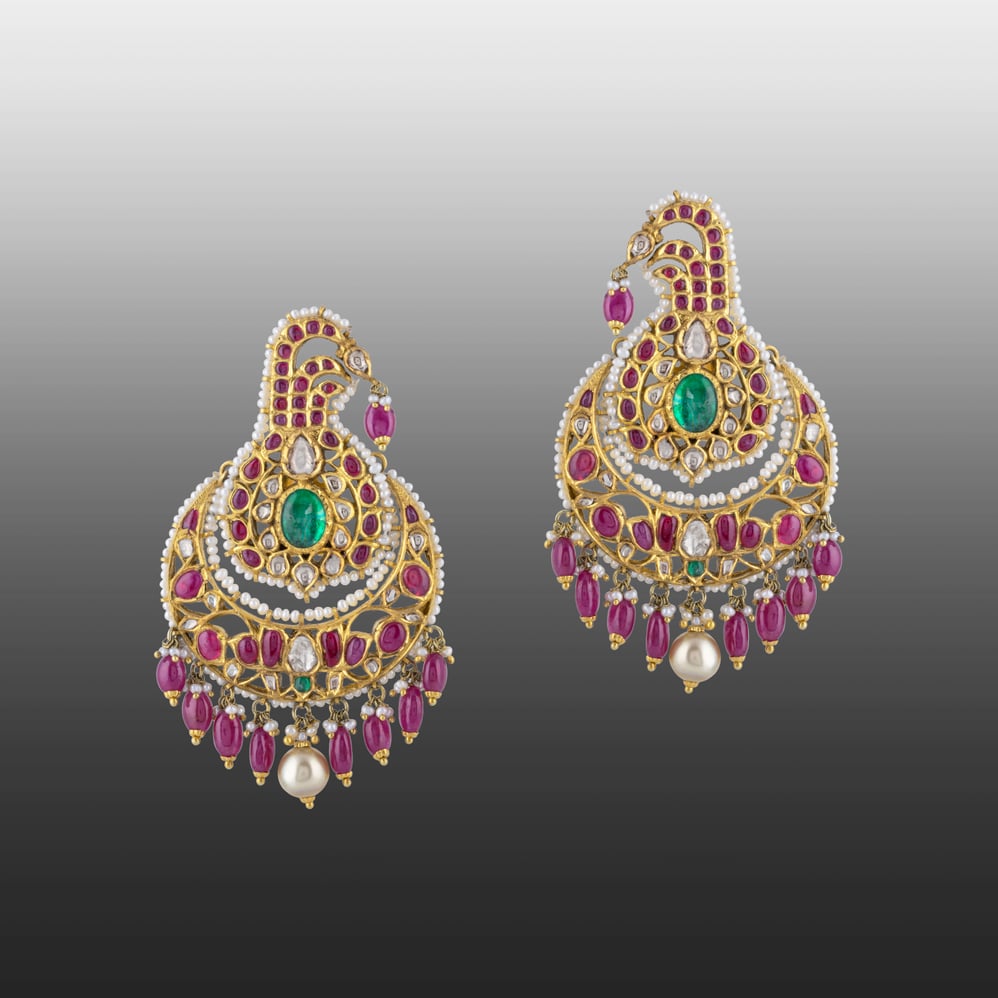 Uncut Diamond Polki Cuff Earring with Pink Talaf , Emerald & Pearls